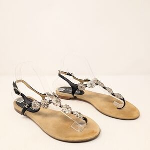 Chanel Camellia CC flat Thong Sandals Black Leather Size 38.5